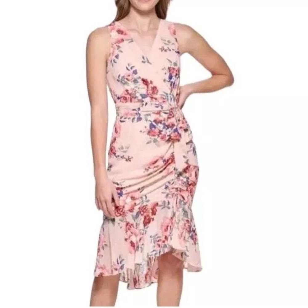 Eliza J Ruched Chiffon High Low Faux Wrap Dress Sleeveless Floral Size 12
